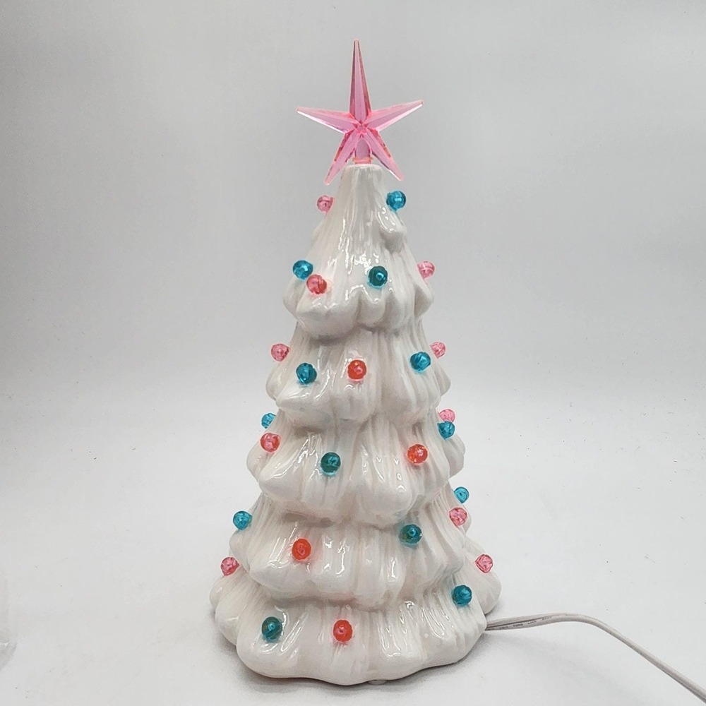 NIB Vintage Light Up Ceramic Christmas Tree White Pink Blue Bulbs Star Topper